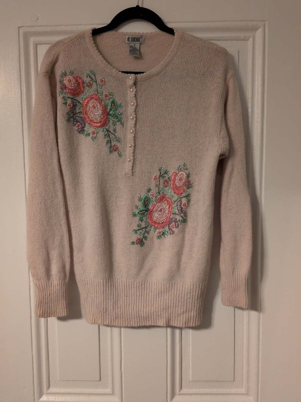 Embroidered Floral Crewneck Sweater in Cream by Rothschild